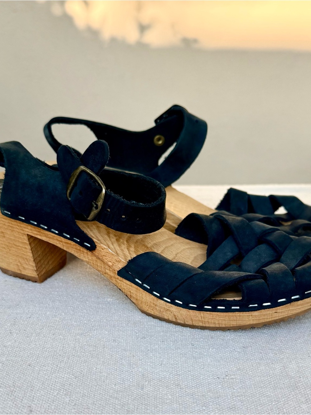 Woven Black Leather Sandal Clogs with Wooden Heel